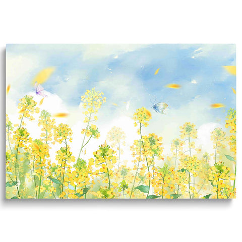 Yellow Rape Blossoms Floral Canvas Art Blue Sky Wall Decor Green Leaf Pictures Paintings Flowers Modern Artwork Home Office Decorations Prints for Bedroom Kitchen Living Room 24 x 16 inch