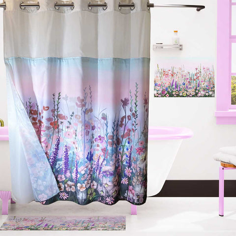 shower-curtain-pink-floral-purple-no-hook-with-snap-in-liner-double-layers-mesh-top-window-hotel-luxury-colorful-flower-fabric-cloth-decor-bathroom-curtains-sets-decorative-71-x-74-inches-1