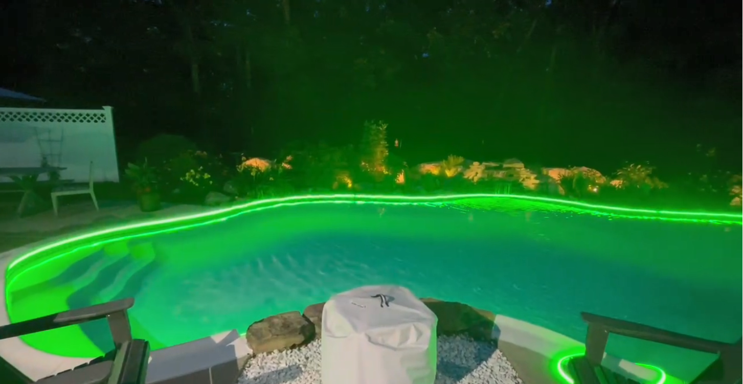 Photos after installing the pool lights - green light