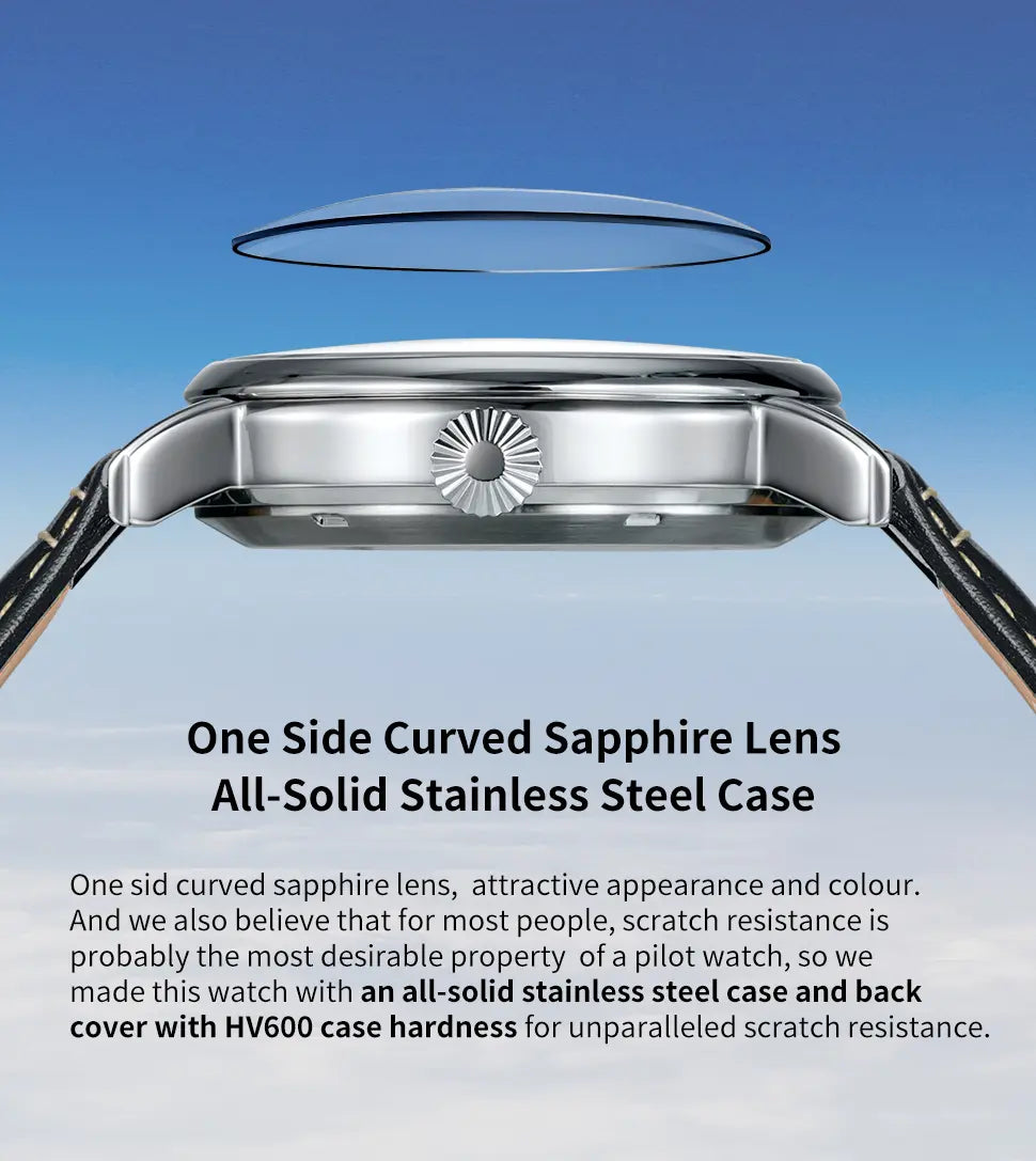 one side curved sapphire lens; all-solid stainless steel case