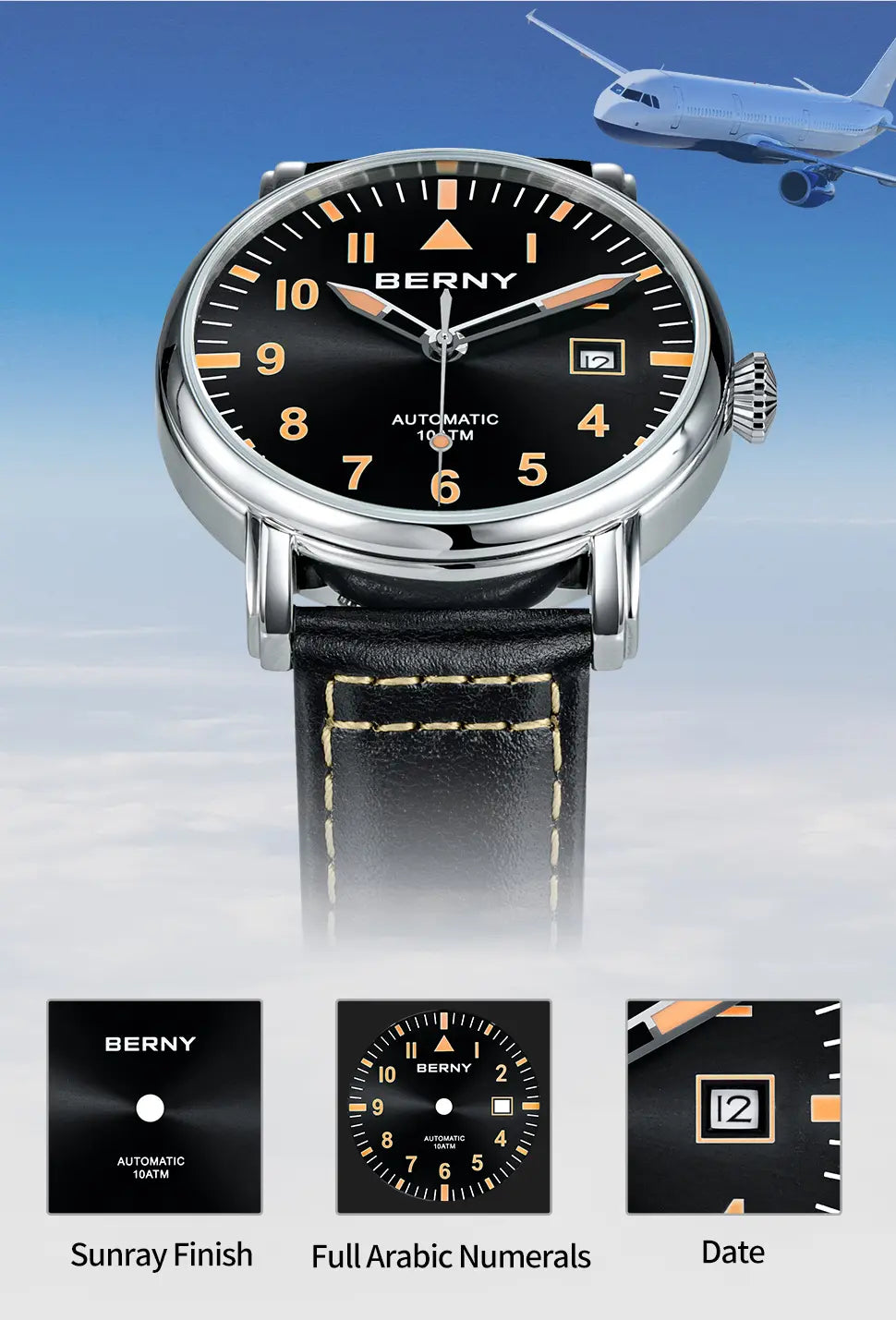 sunray fininsh; full arabic numerals; date display window