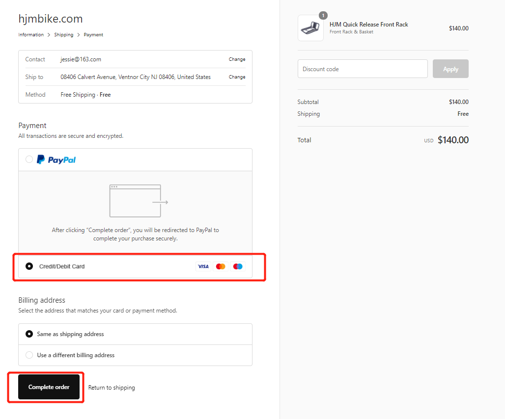 how to pay by credit card on hjmbike.com