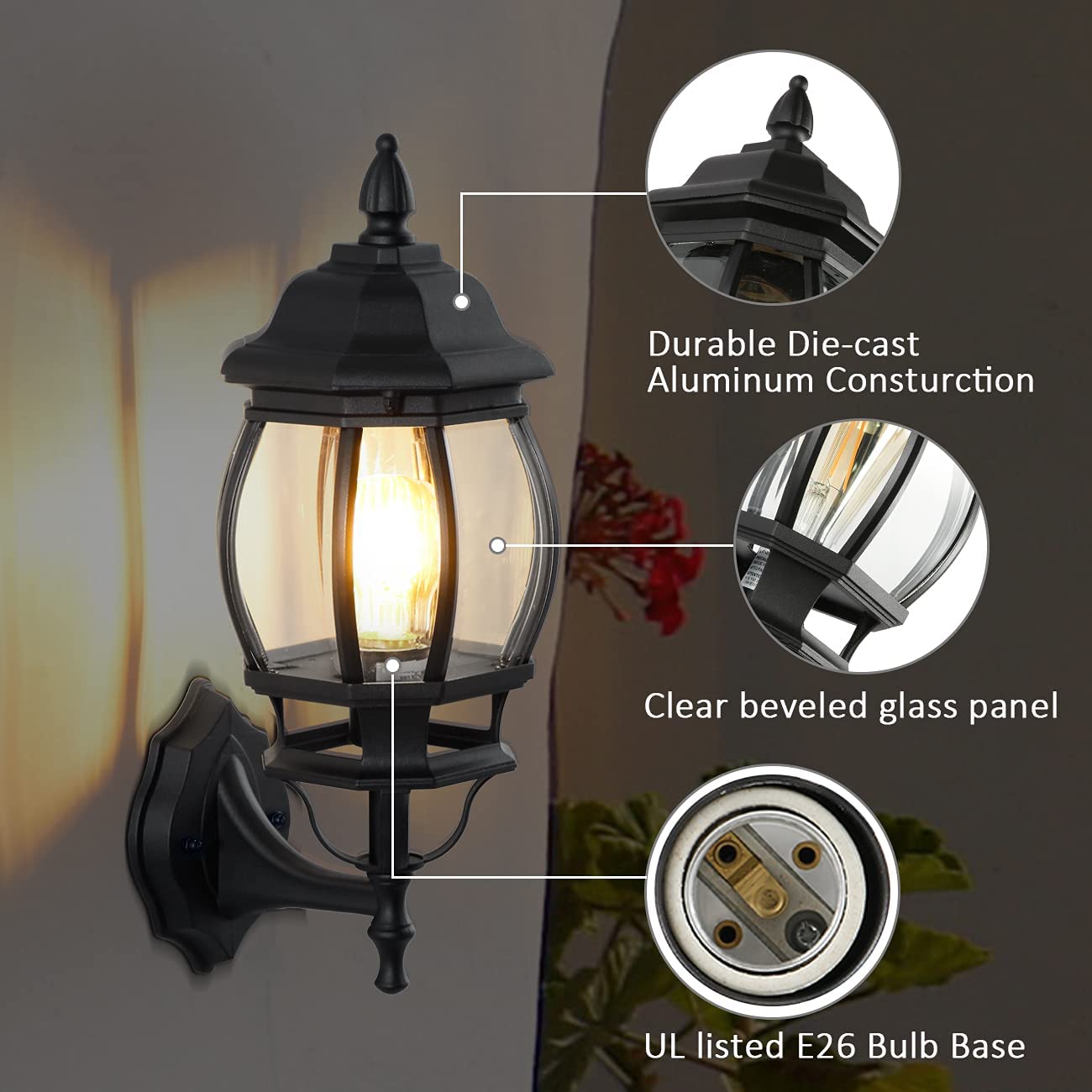 Outdoor Wall Light, 1 medium/E26 base light socket, Black Finish, Clear Bevelled Glass (Bulb NOT included)