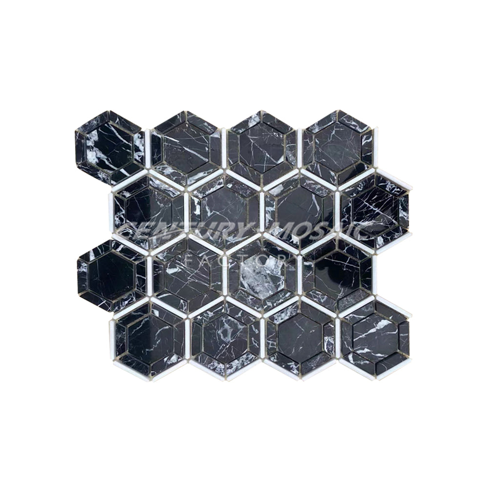 Nero Marquina Black Hexagon Polished Marble Mosaic In Stock