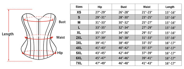 size chart of the Black Corset Top