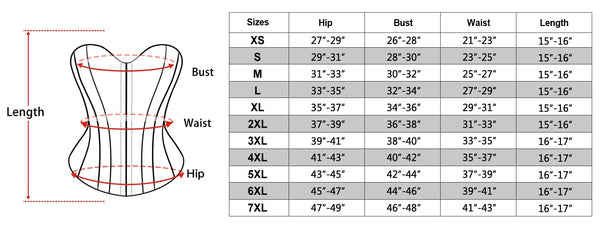 size chart of the Black Corset Top