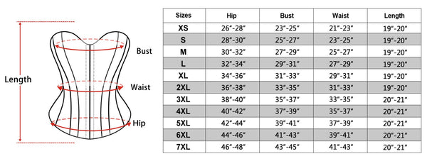 size chart of the Underbust Corset with Straps