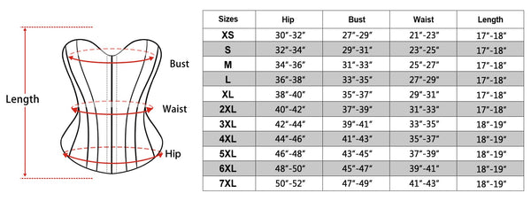 size chart of the Corset with Garter Straps