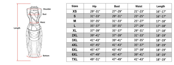 size chart of the Corset Dress Steampunk Outfits