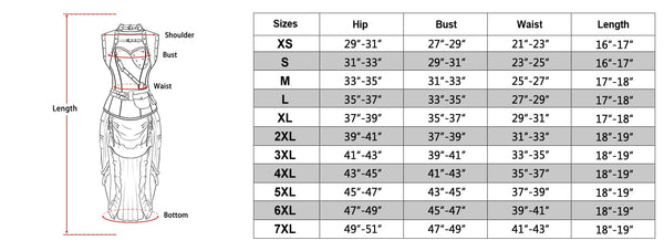 size chart of the Corset Dress Steampunk Outfits