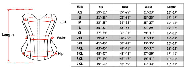 Size Chart of The Plus Size Steampunk Corset
