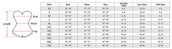 size chart of the corset bustier