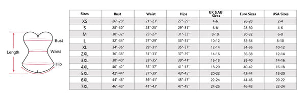 SIZE CHART OF THE Red Corset