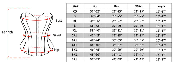 THE SIZE CHART OF THE faux leather CORSET