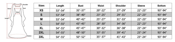 size chart of the medieval dress for women