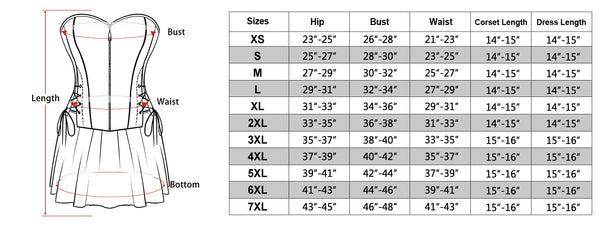 size chart of the black Corset Dress