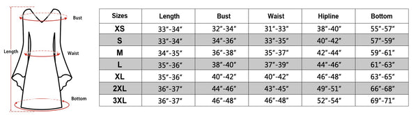 size chart of the 70s disco dress