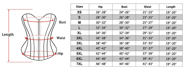 size chart of the Brown Underbust Corset