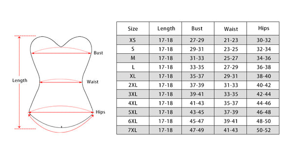 size chart of the medieval corset top