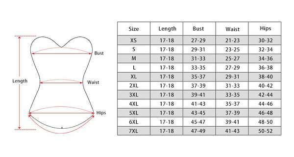 size chart of the medieval corset top