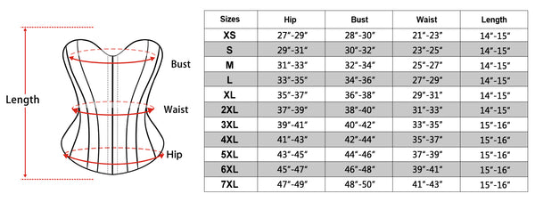 size chart of Gothic corset top