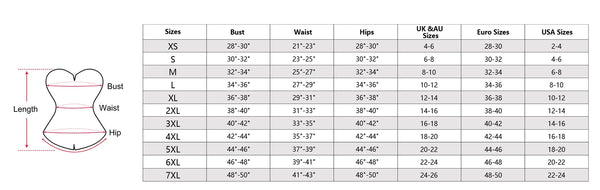 size chart of the Women's Corset Top