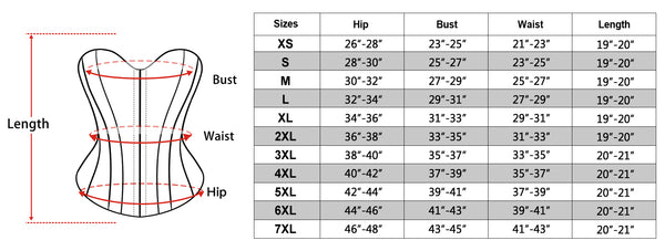 size chart of the Steel Boned Underbust Corset Vest