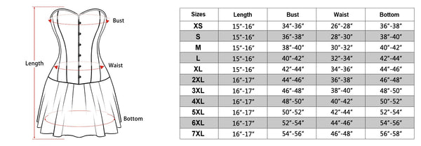 size chart of the black corset dress