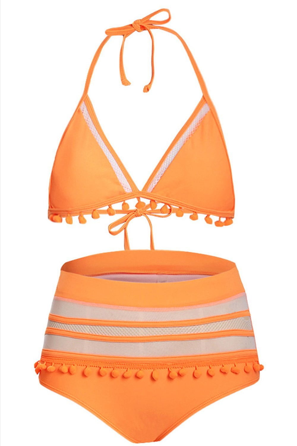 Orange Pom Pom Triangle Halter Bikini Top