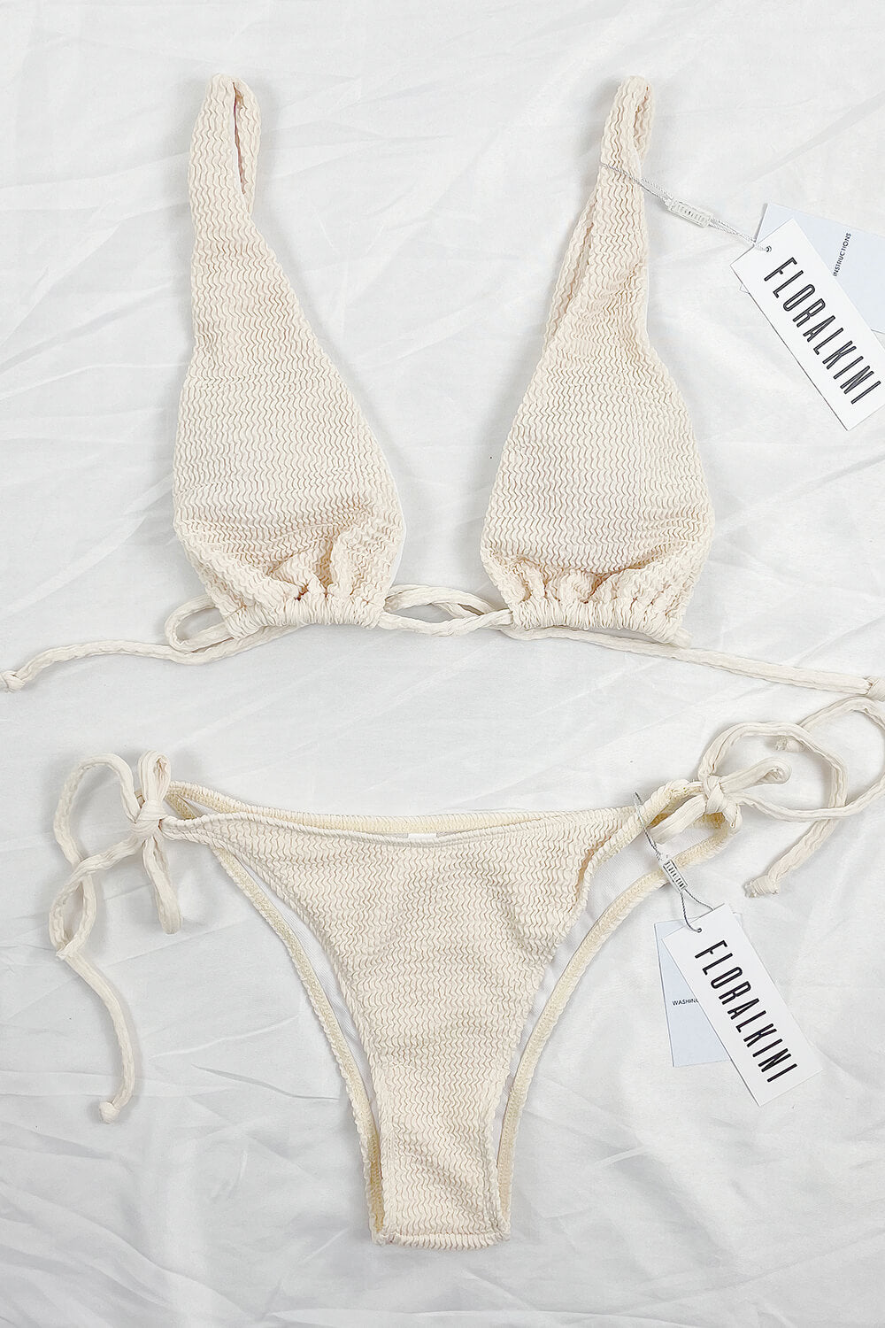 Beige Crinkle Tie Side Bikini Bottoms