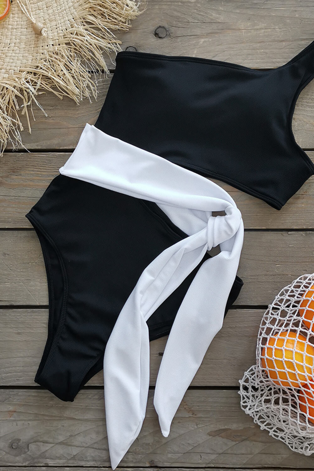 Black White Colorblock Ribbed One Shoulder Tie Side One Piece Swimsuit