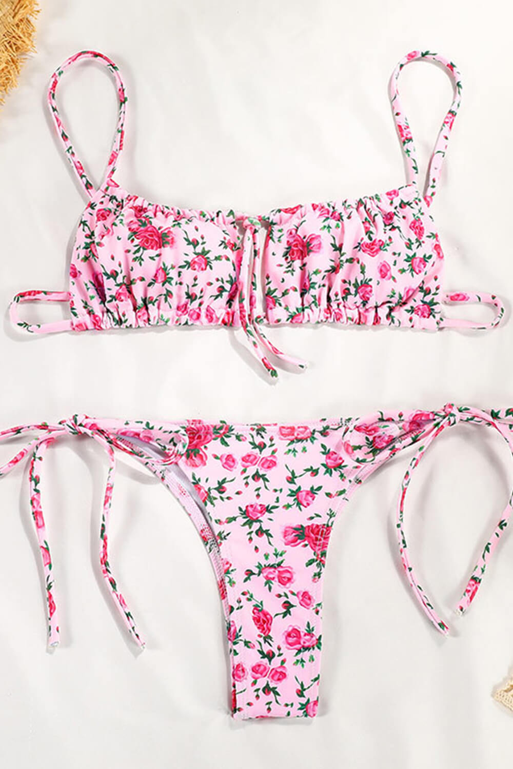 Floral Ruched Bandeau Adjustable Tie Front Tie Side Bikini Set