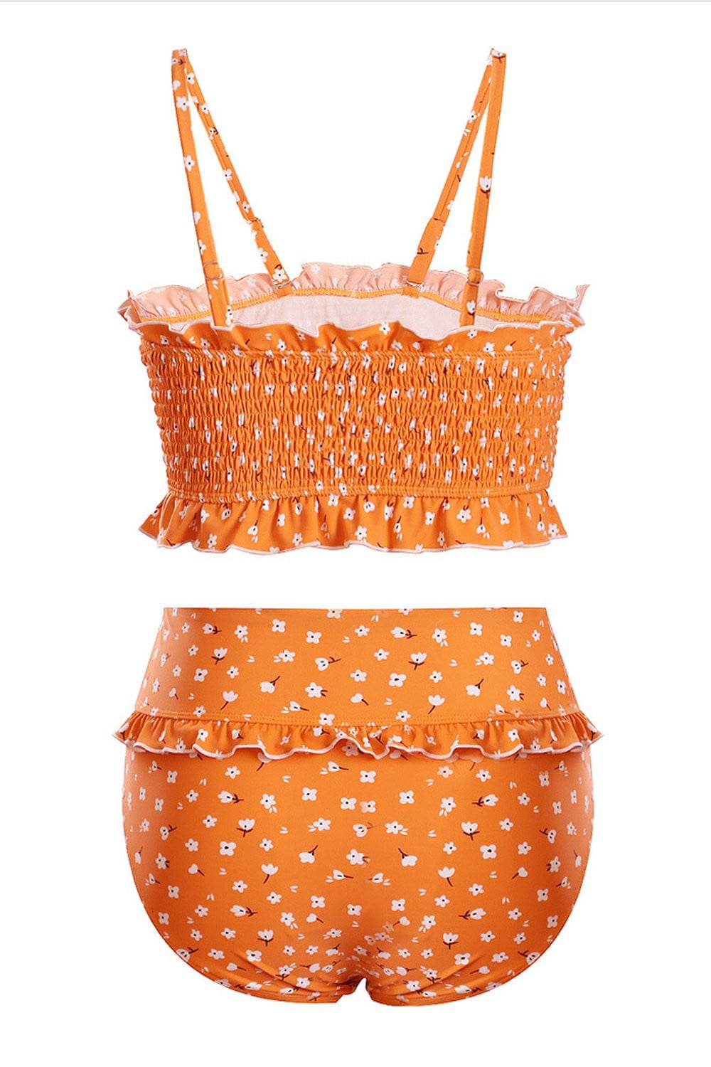 Orange Floral Ruffle Trim High Waist Bikini Bottom