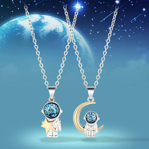 Moon Star Universe Space Bright Starry Sky Stone Pendant Jewelry 2pc Astronaut Couple Necklace Romantic Couple Necklace Set 
