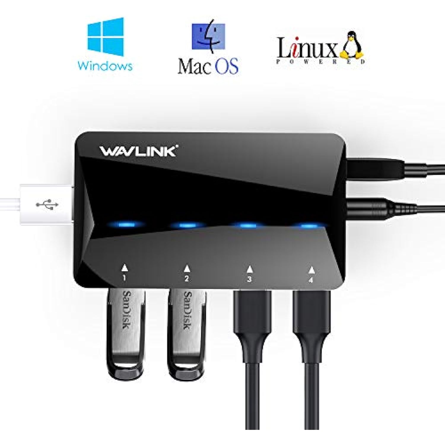 7-in-1 Type A Adapter with 4 USB 3.0 Data Ports, Smart Charging Port, USB B Port, DC Power Jack for Windows XP/Vista/7/8/10 & MAC 10.1 Above