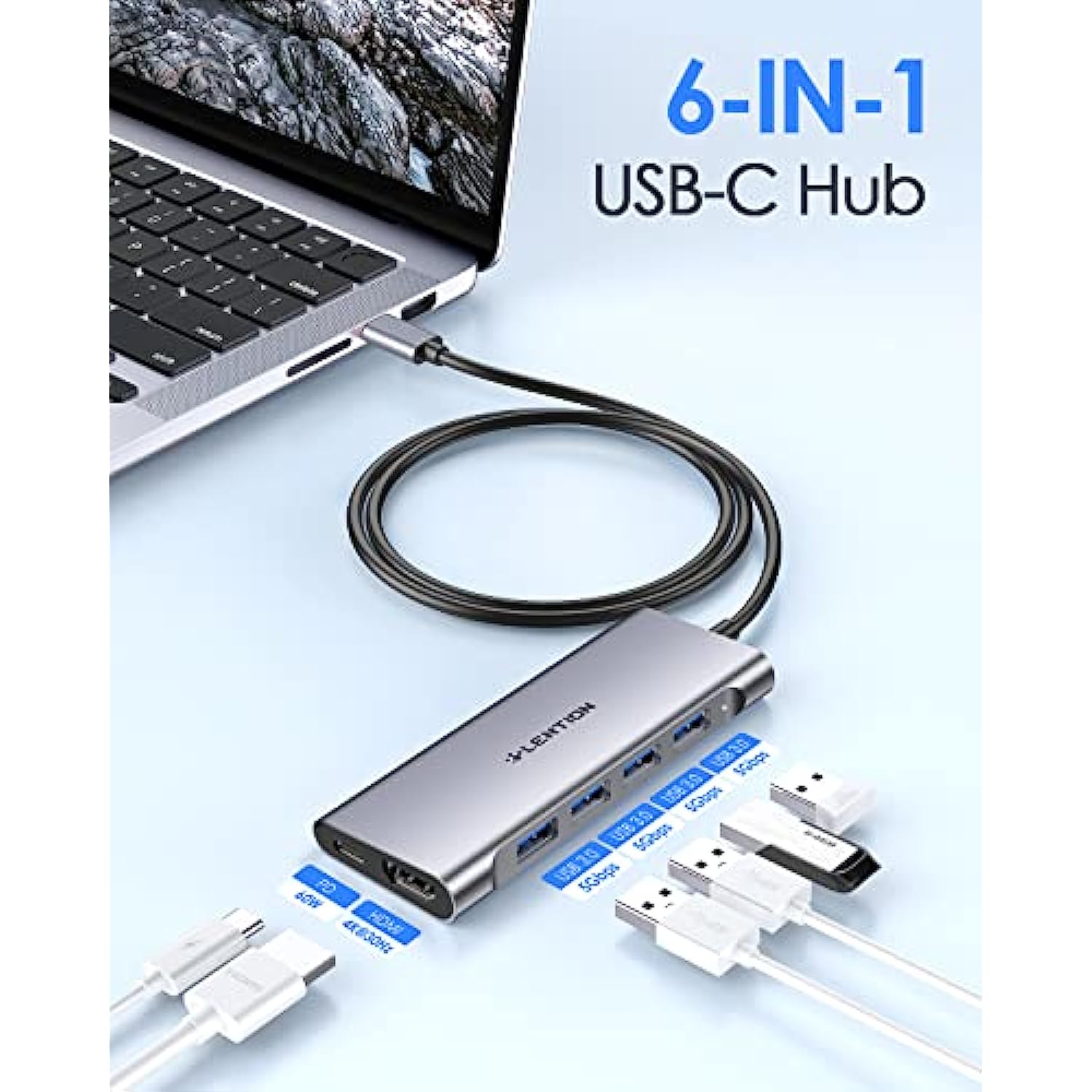 3.3FT Long Cable USB C Multiport Hub with 4K HDMI Compatible 2023-2016 MacBook Pro, New Mac Air/iMac/Mac Mini