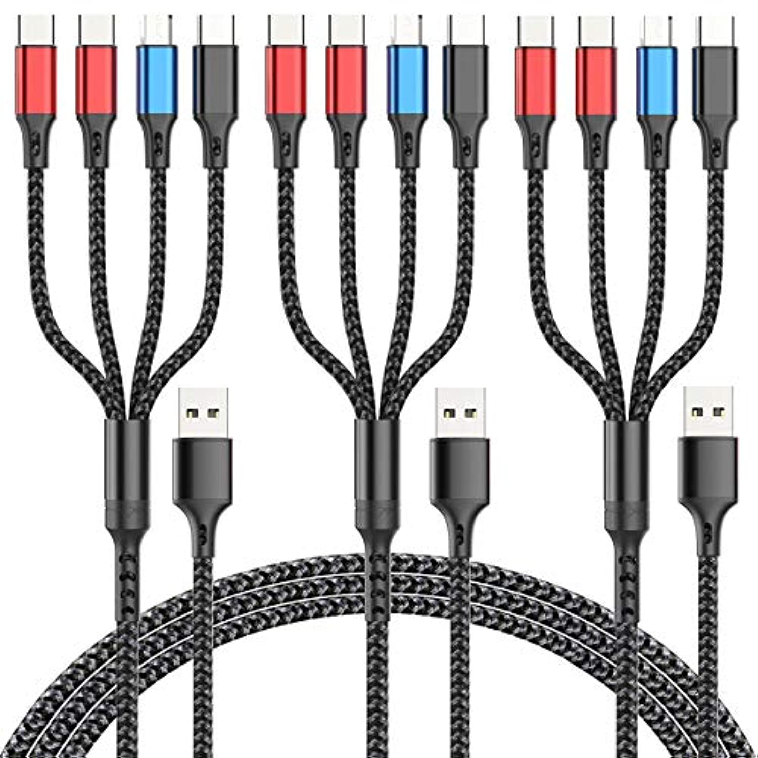 3Pack 5FT Multi USB Charging Cable 3A, Braided Universal 4 in 1 iPhone Charger Cord