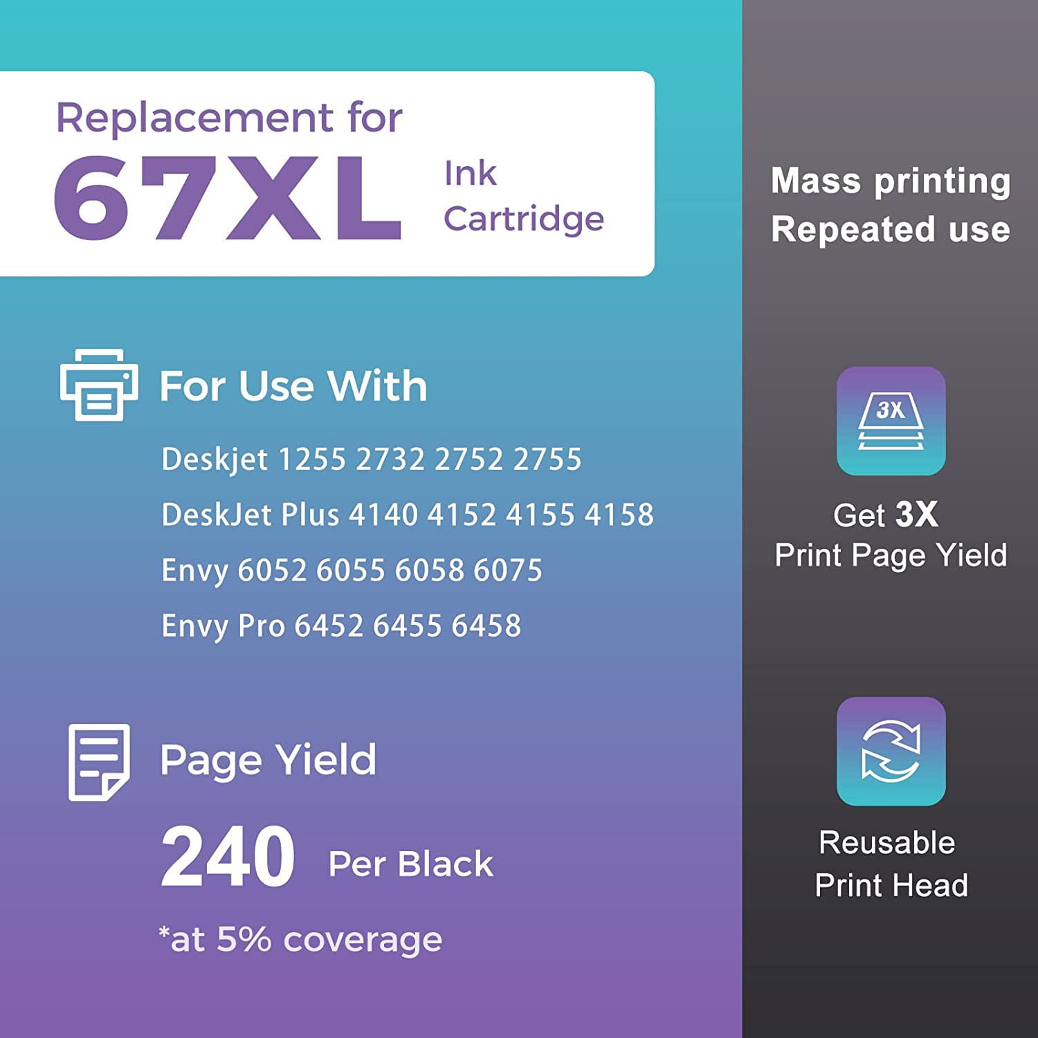 Ink Cartridge Replacement For Hp 67 Xl 67Xl For Deskjet 2755 2752 1255 Envy 6055 6455 6052 Deskjet Plus 4155 4158 4140 Printer (1 Reusable Print Head, 3 Black I..