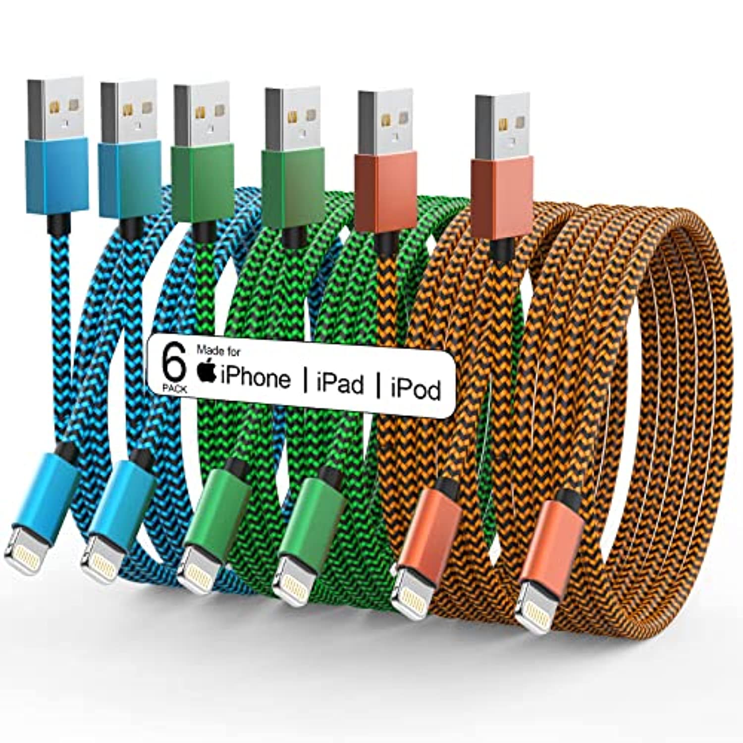 10 FT Nylon Braided USB to Fast Charging Sync Cord Compatible iPhone 14/13/12/11 Pro Max/XS/XR/X/8/7/6 /iPad - 6 Pack