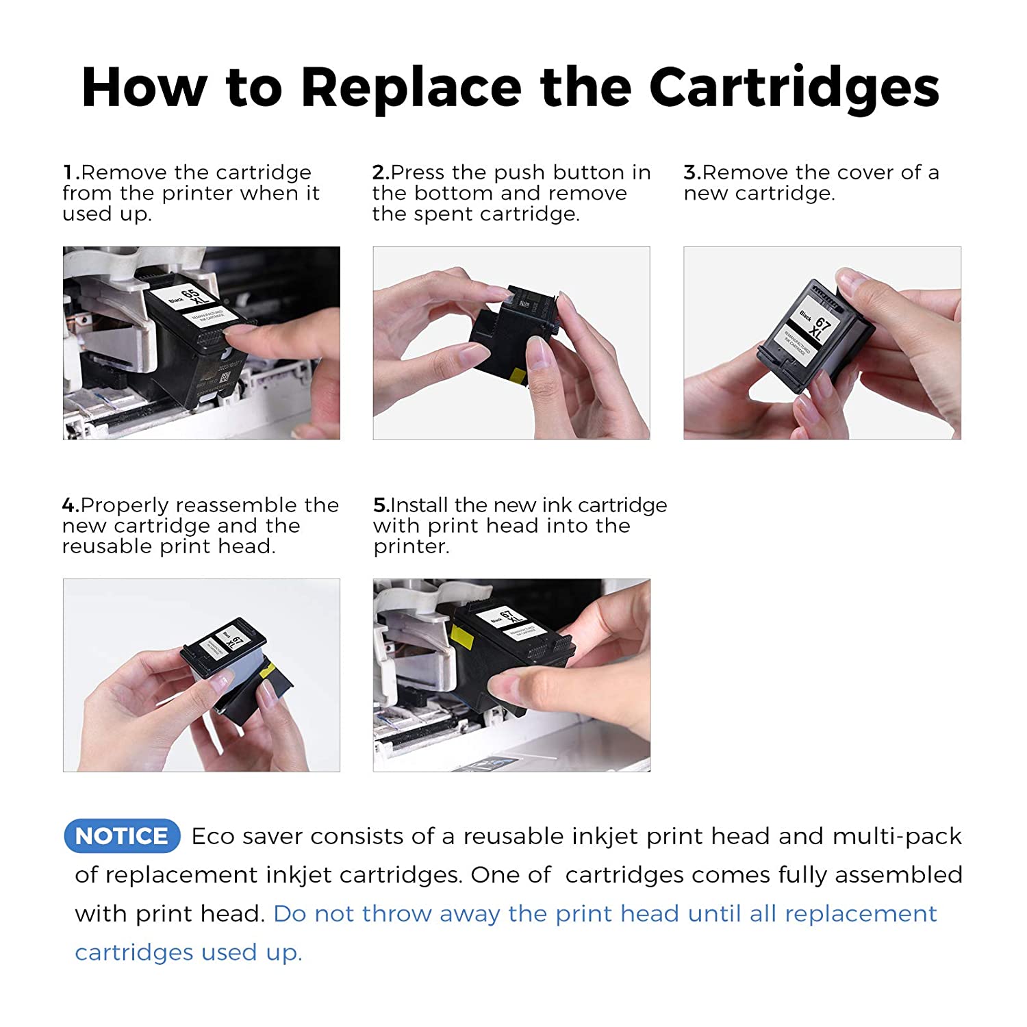 Ink Cartridge Replacement For Hp 67 Xl 67Xl For Deskjet 2755 2752 1255 Envy 6055 6455 6052 Deskjet Plus 4155 4158 4140 Printer (1 Reusable Print Head, 3 Black I..