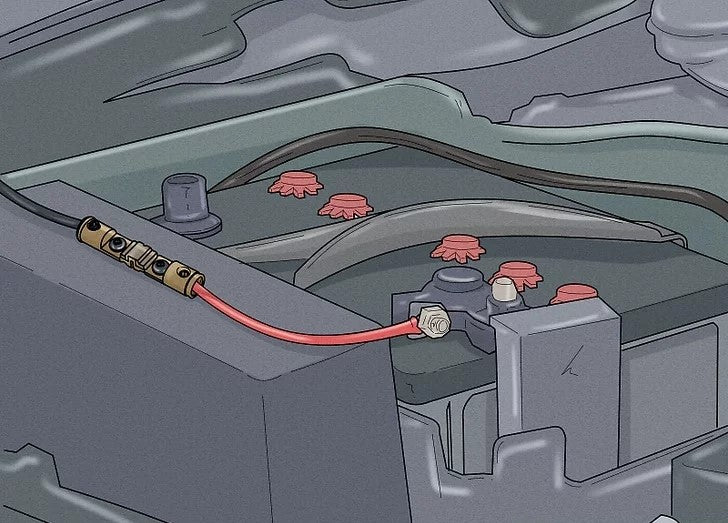 Fixez le fil rouge sur la borne positive de la batterie.