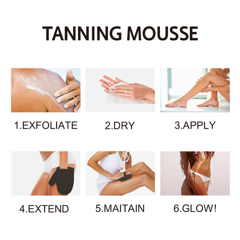 usage of zpm self tanning mousse: exfoliate, dry, apply, extend, maitain, glow