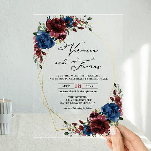 navy, burgundy and marsala floral acrylic wedding invitations CWIA101