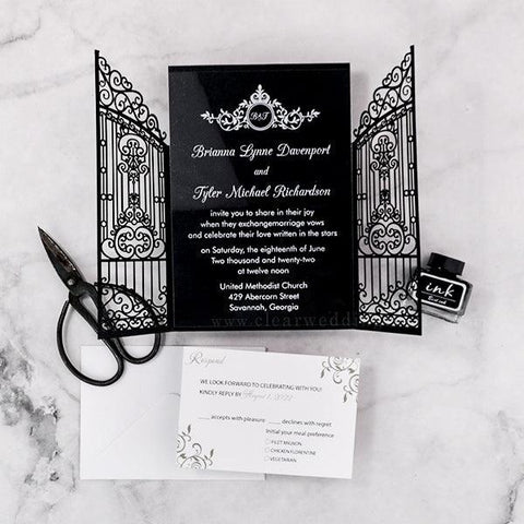 Chic Swirl Crest Gate-fold Acrylic Pocket Wedding Invitation CWIA292