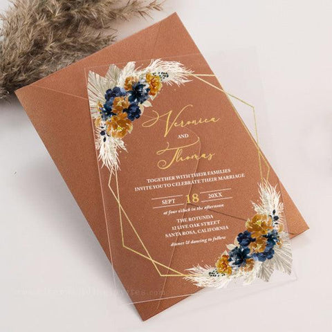 bohemian rust orange and navy floral acrylic wedding invitations CWIA179