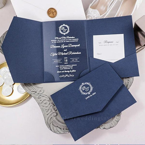 Classic Chic Monogram Clear Acrylic Pocket Wedding Invitations CWIA263