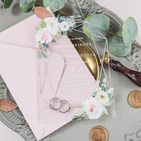 modern rose gold geometric with pink rose floral acrylic wedding invitations CWIA36