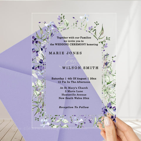purple wildflowers garden arch acrylic wedding Invitation