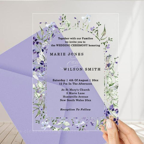 purple wildflowers garden arch acrylic wedding Invitation