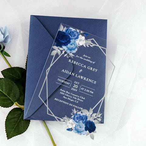 Royal Blue Shades of Roses Elegant Sweet 16 Quinceanera Acrylic Invitations CWIA223